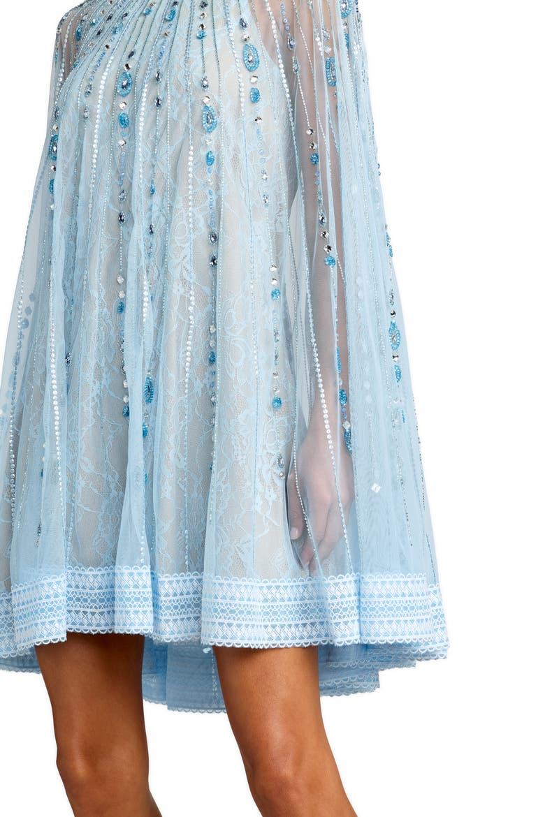 Hand-Beaded Lace Trapeze Mini Dress with Sheer Cape Sleeves, Alternate, color, Powder Blue Nude