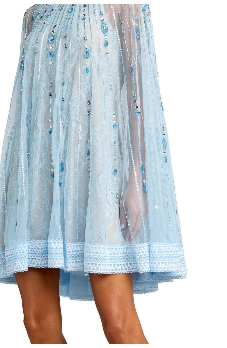 Mac Duggal Hand-Beaded Lace Trapeze Mini Dress with Sheer Cape Sleeves, Alternate, color, Powder Blue Nude