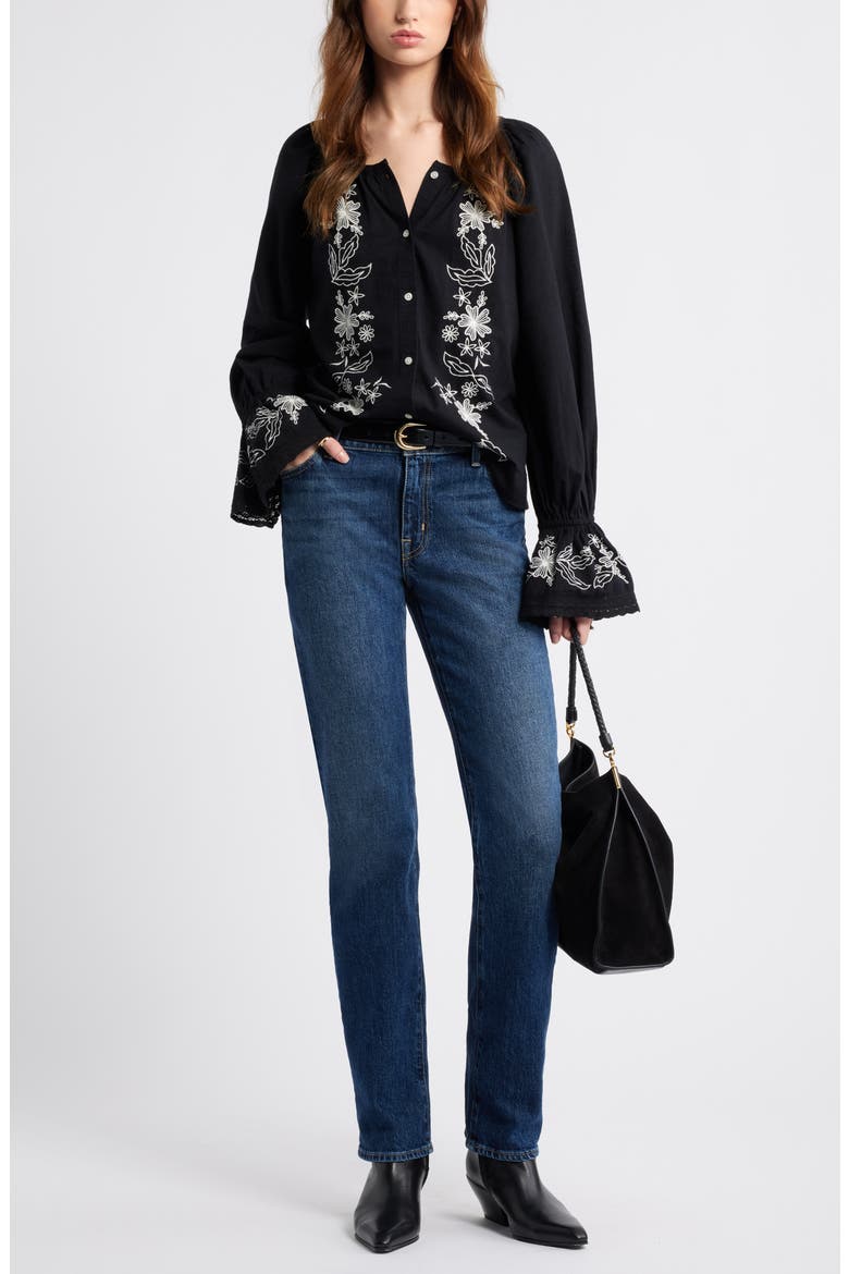 Embroidered Front Button Top, Alternate, color, BLACK-IVORY EMBROIDERED FLORAL