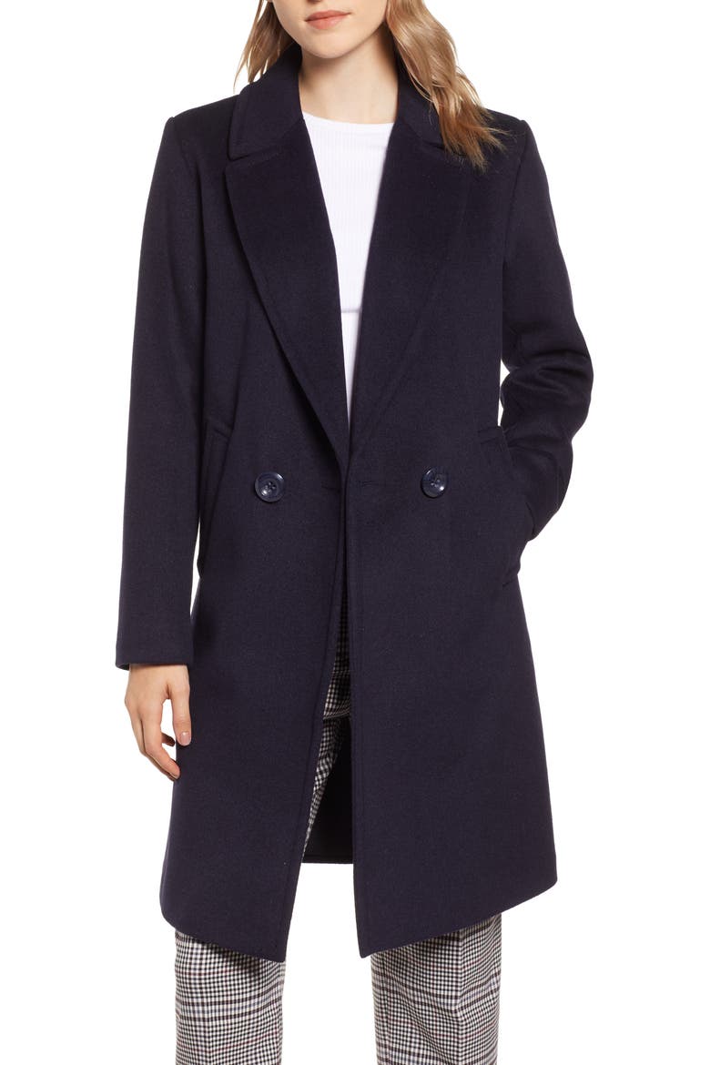 Double Breasted Wool Blend Coat, Main, color, NAVY