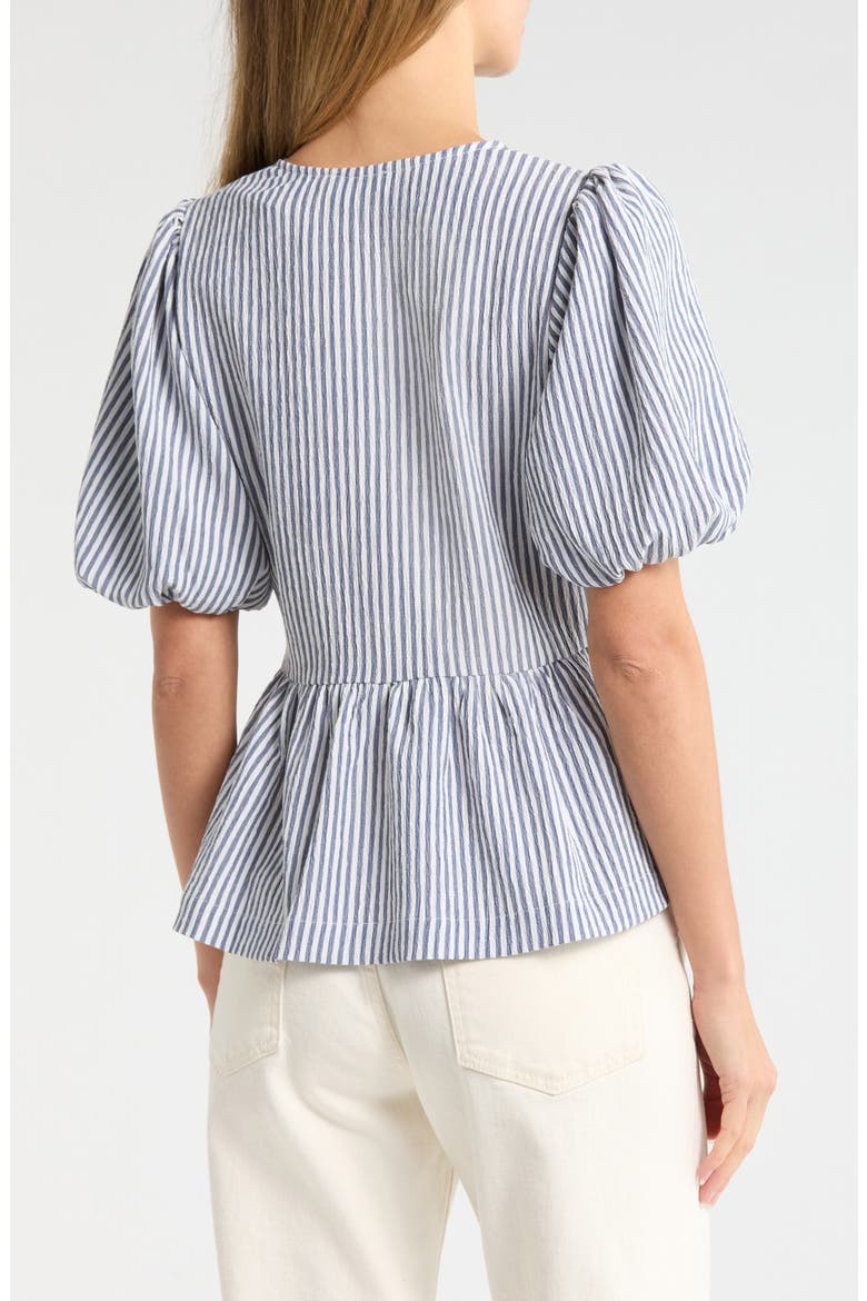 Bow Short Sleeve Seersucker Peplum Top, Alternate, color, NAVY WHITE