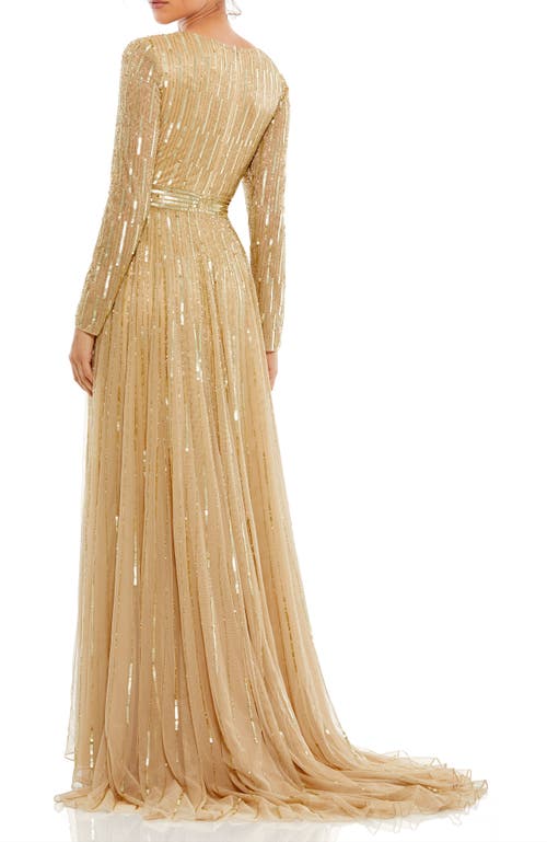 Mac Duggal Sequined Long Sleeve Plunging V-neck Gown In Taupe