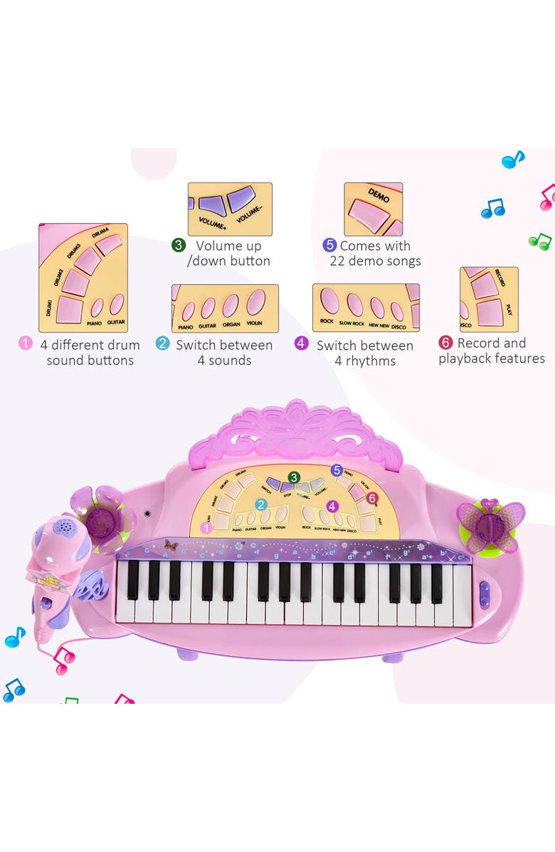 Qaba 32-Key Kids Electronic Piano (Princess), Stool, MP3, Record, Microphone, Alternate, color, Pink