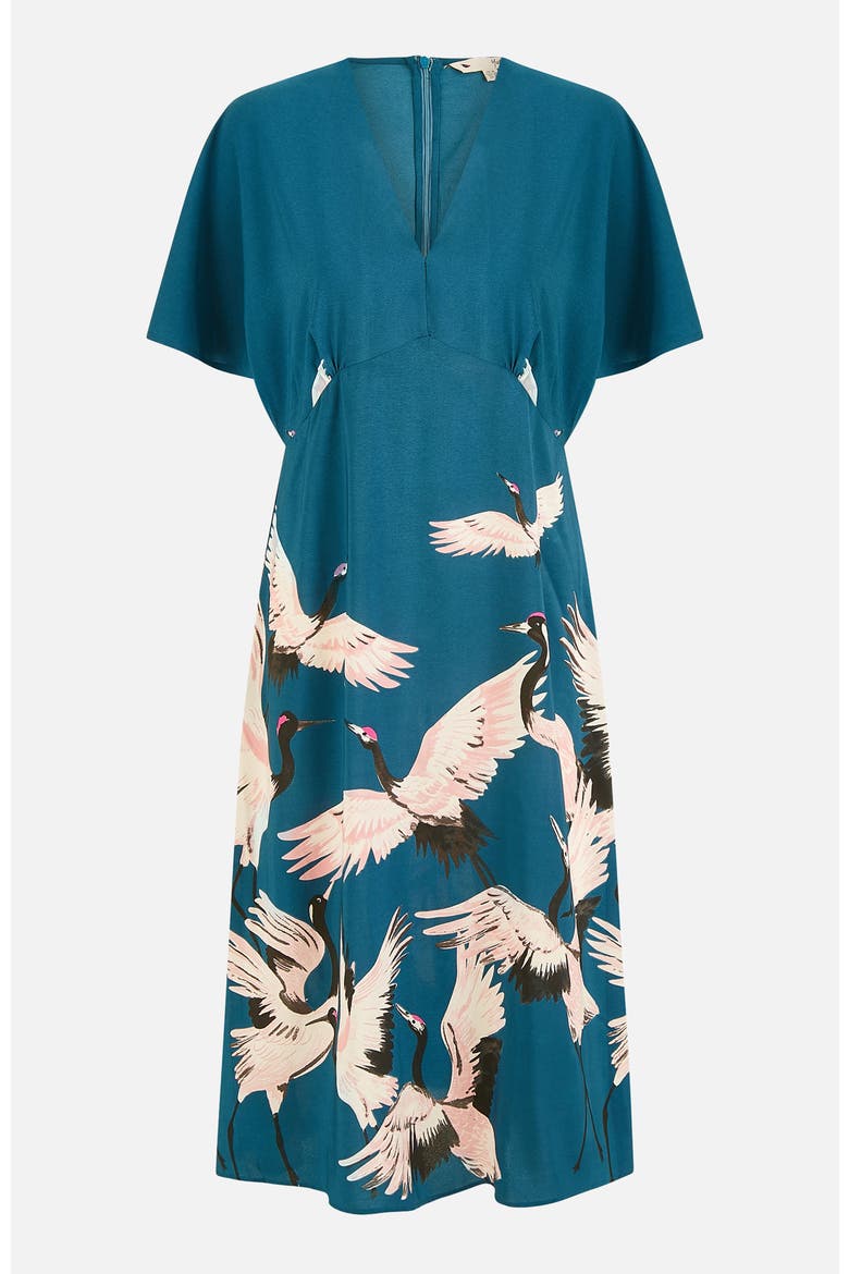 Crane Print Midi Dress, Alternate, color, Teal