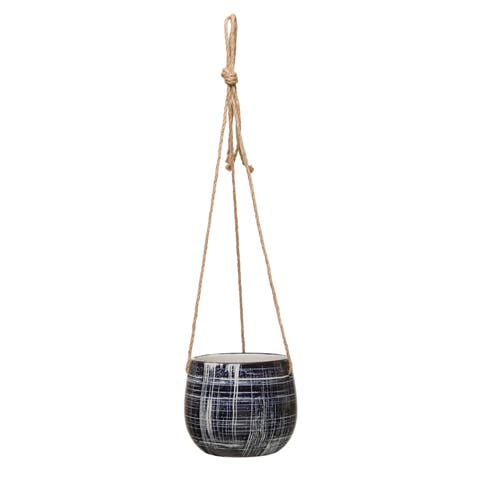 Round Hanging Stoneware Planter with Line Patterns and Jute Rope