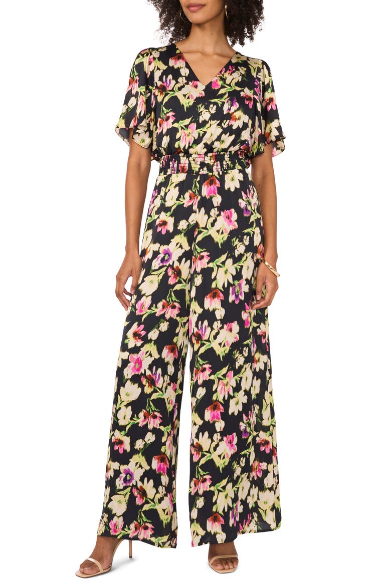 Floral Flutter Sleeve Jumpsuit, Main, color, RICH BLACK