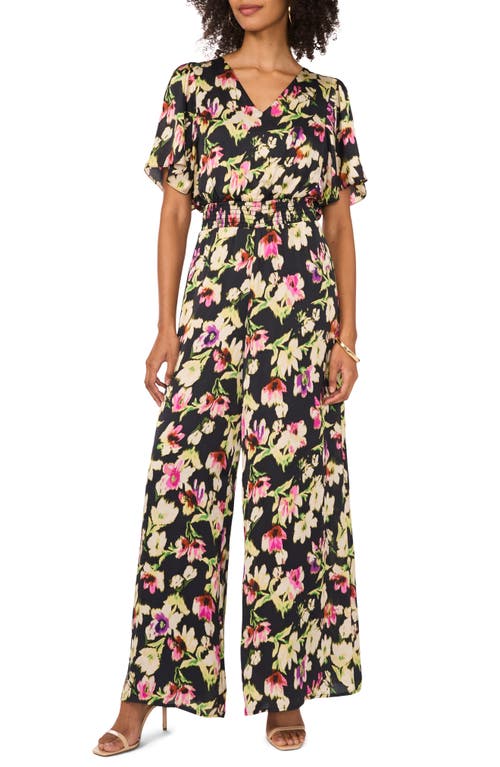 Vince Camuto Floral Flutter Sleeve Jumpsuit In Rich Black