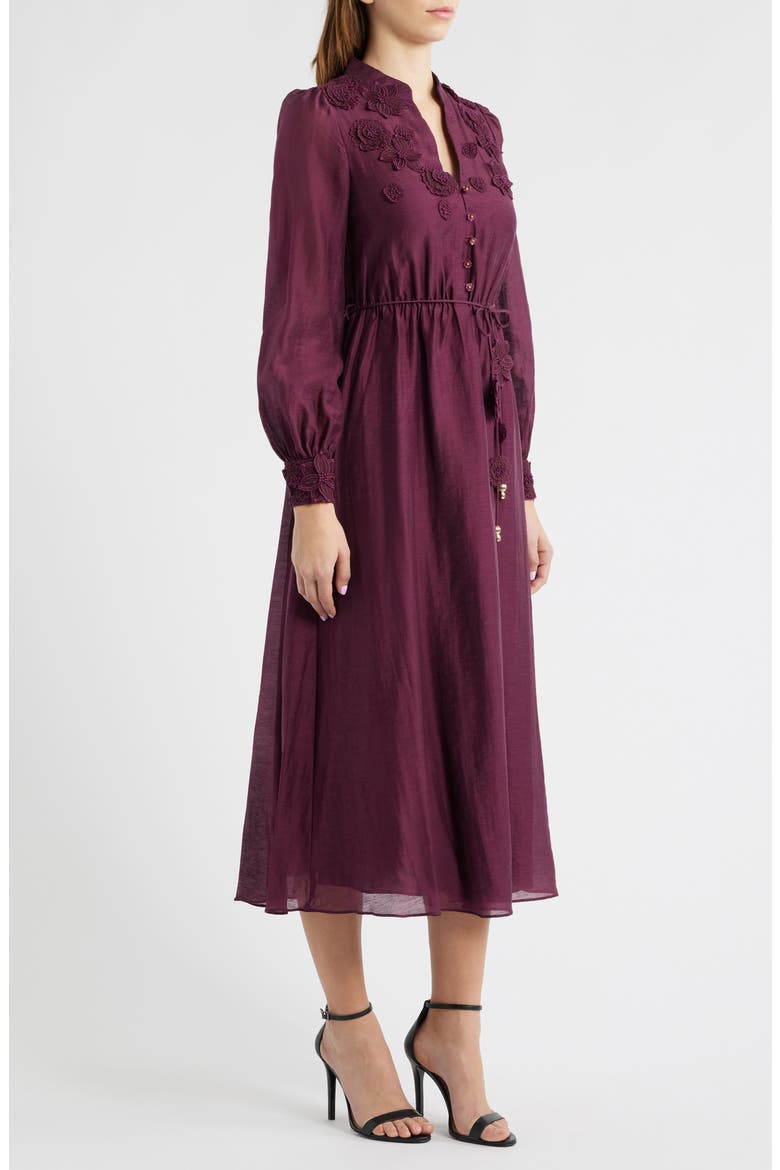 Yasmin Floral Appliqué Long Sleeve Midi Dress, Alternate, color, BERRY