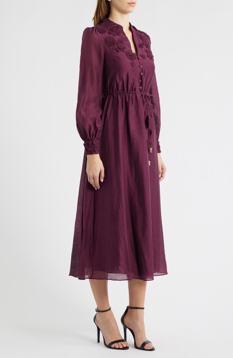 Ever New Yasmin Floral Appliqué Long Sleeve Midi Dress, Alternate, color, Berry