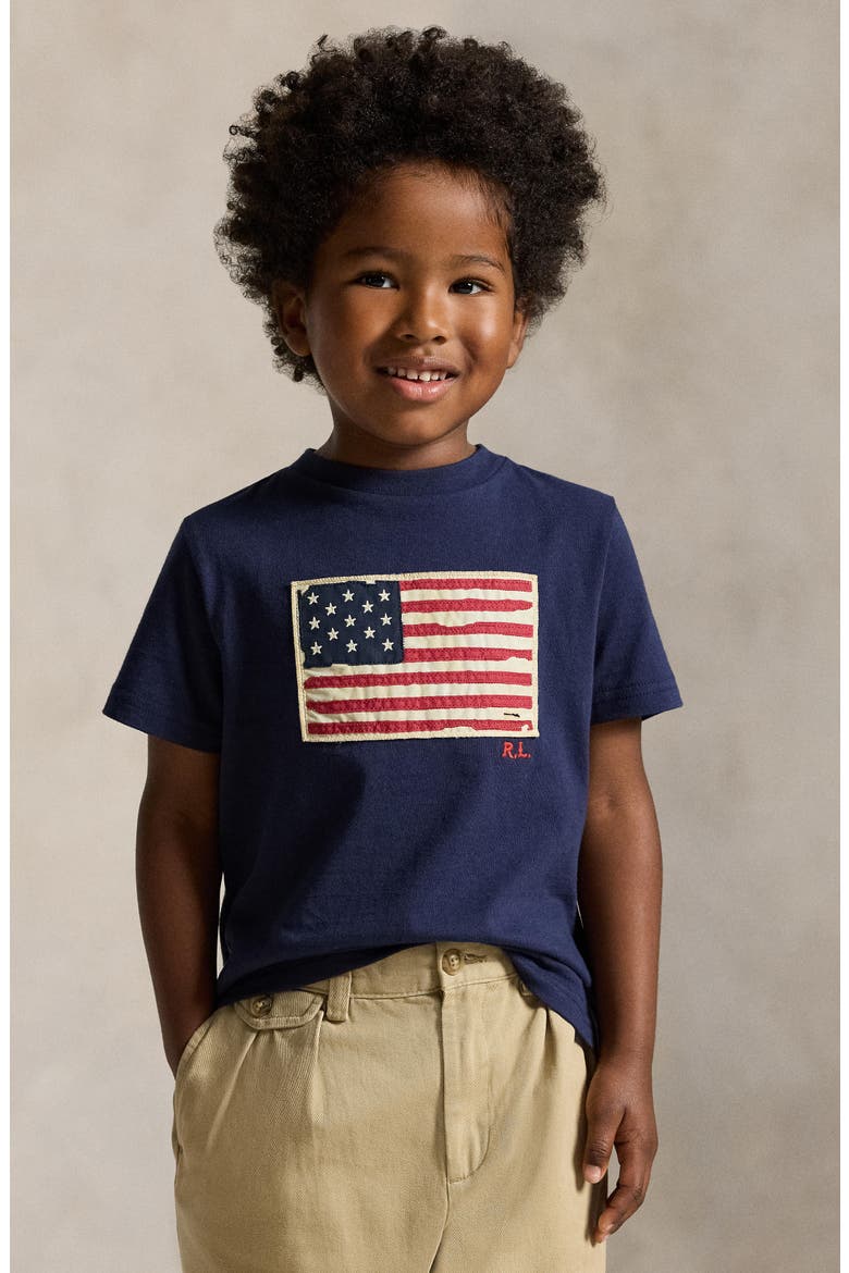 Kids' American Flag Appliqué Cotton T-Shirt, Alternate, color, CRUISE NAVY