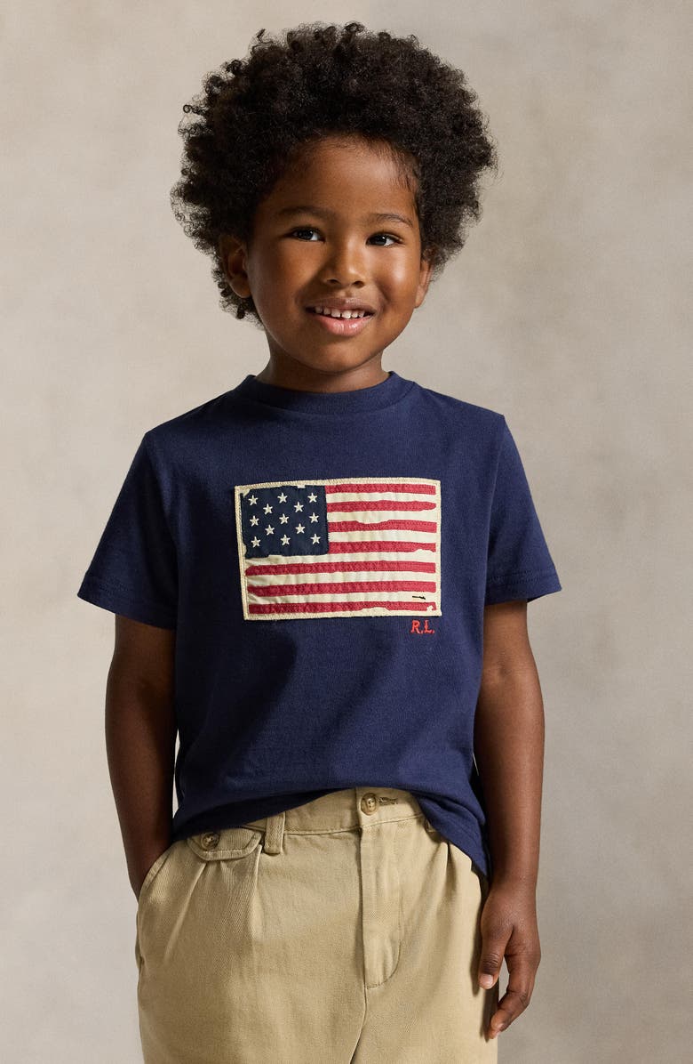 Polo Ralph Lauren Kids' American Flag Appliqué Cotton T-Shirt, Alternate, color, Cruise Navy