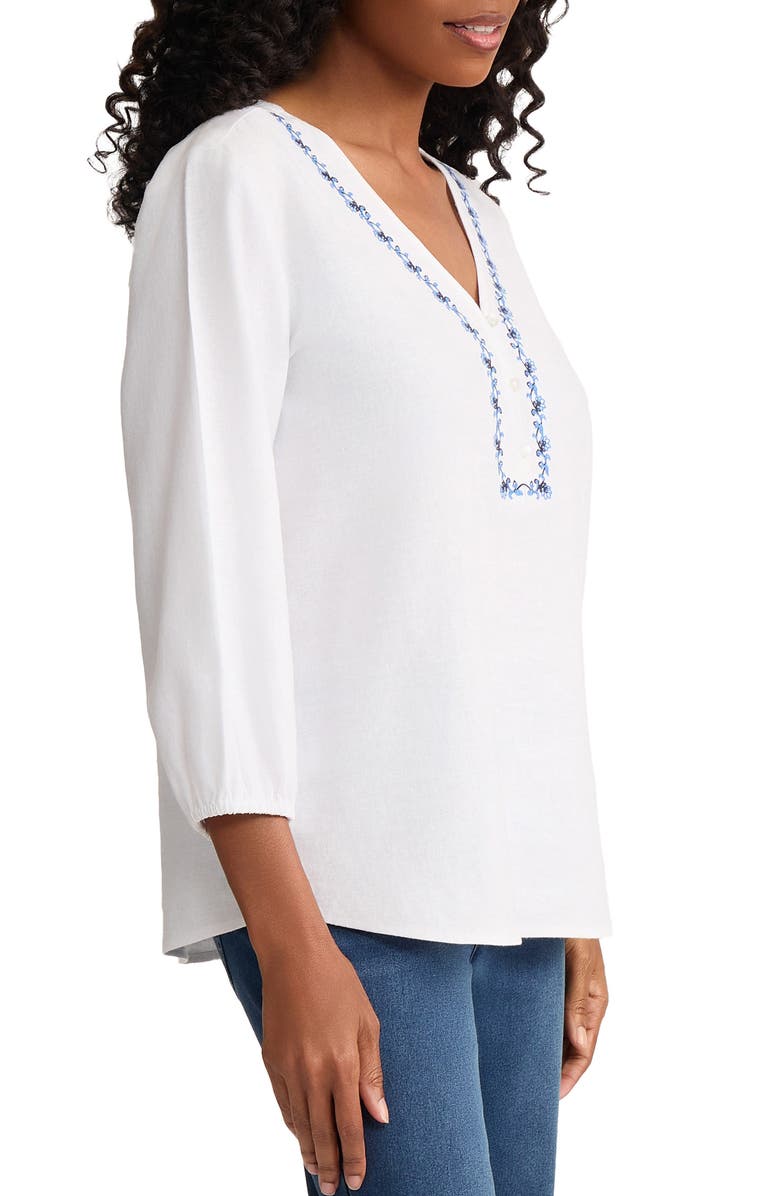 Jones New York Embroidered Popover Top, Alternate, color, Natural White/Blue Horizon Mlt