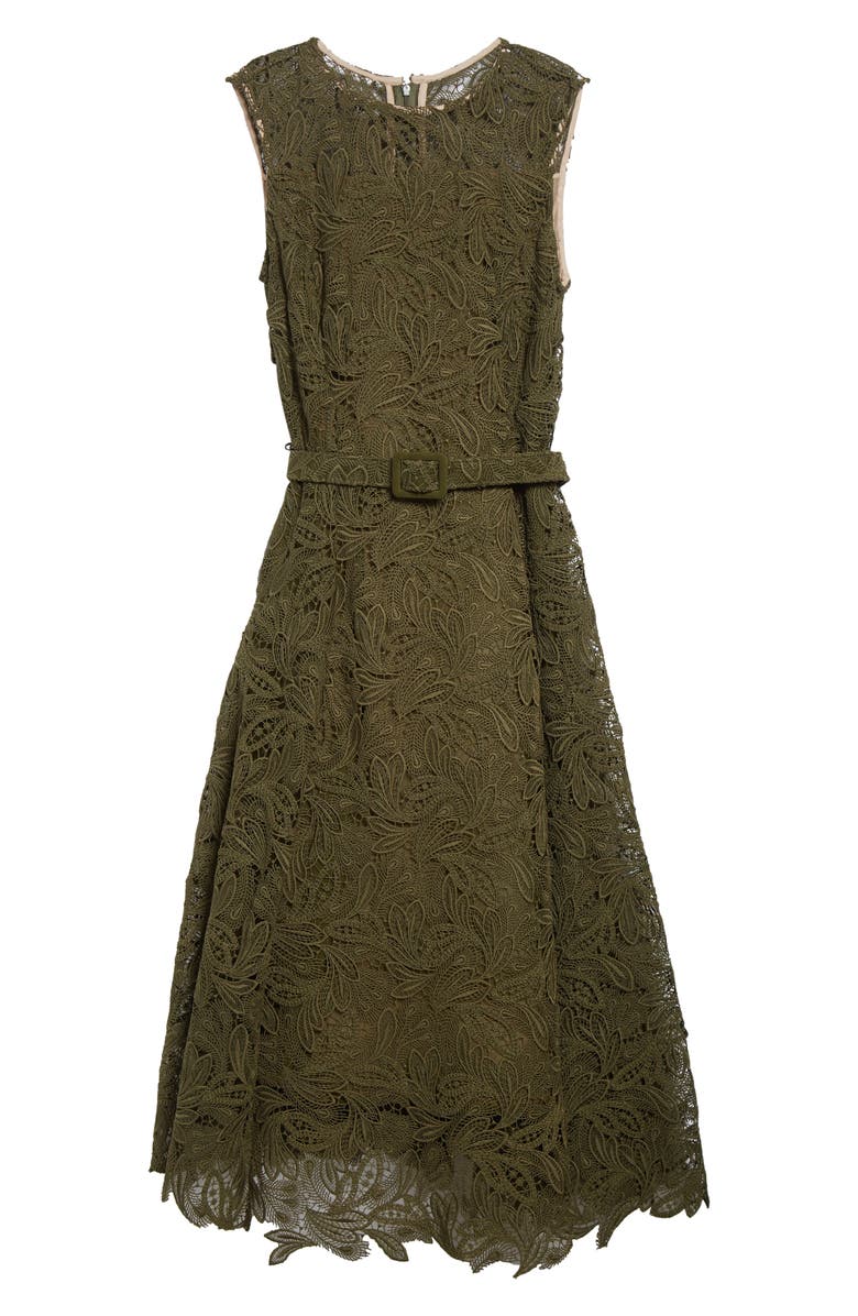 Oscar de la Renta Feather Guipure Lace Belted A-Line Dress, Alternate, color, Dark Moss