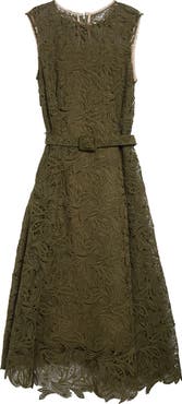 Oscar de la Renta Feather Guipure Lace Belted A-Line Dress