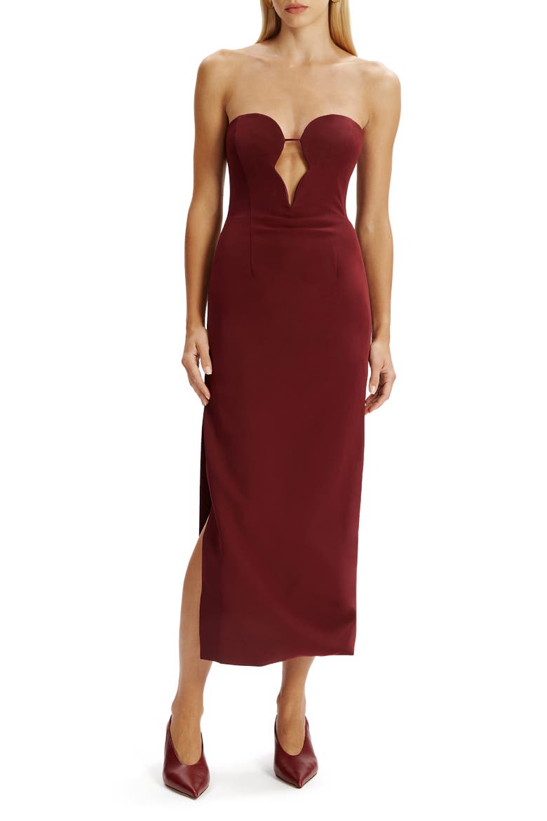 Eleni Strapless Plunge Neck Midi Dress, Main, color, BURGUNDY