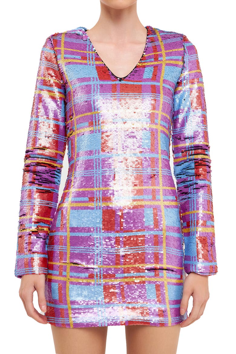 Check Pattern Sequin Long Sleeve Dress, Alternate, color, PURPLE/ BLUE MULTI