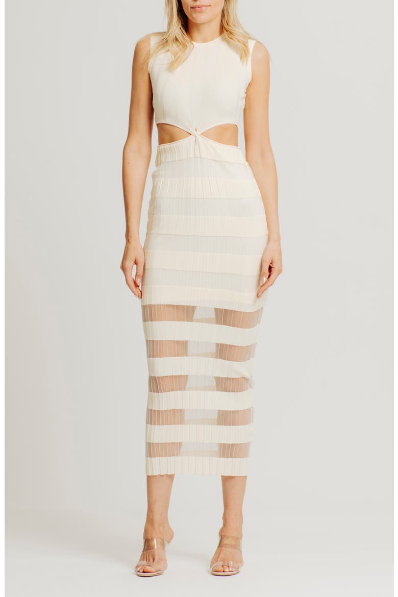 Elle Twist Front Sheer Panel Midi Dress, Main, color, WHITE