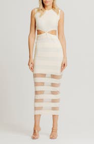 Torn by Ronny Kobo Elle Twist Front Sheer Panel Midi Dress
