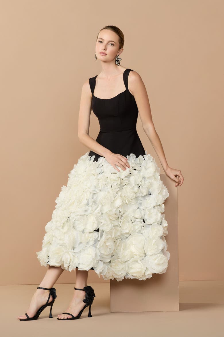 Sleeveless A Line Crepe Midi Dress With Floral Hem, Alternate, color, Black Cream