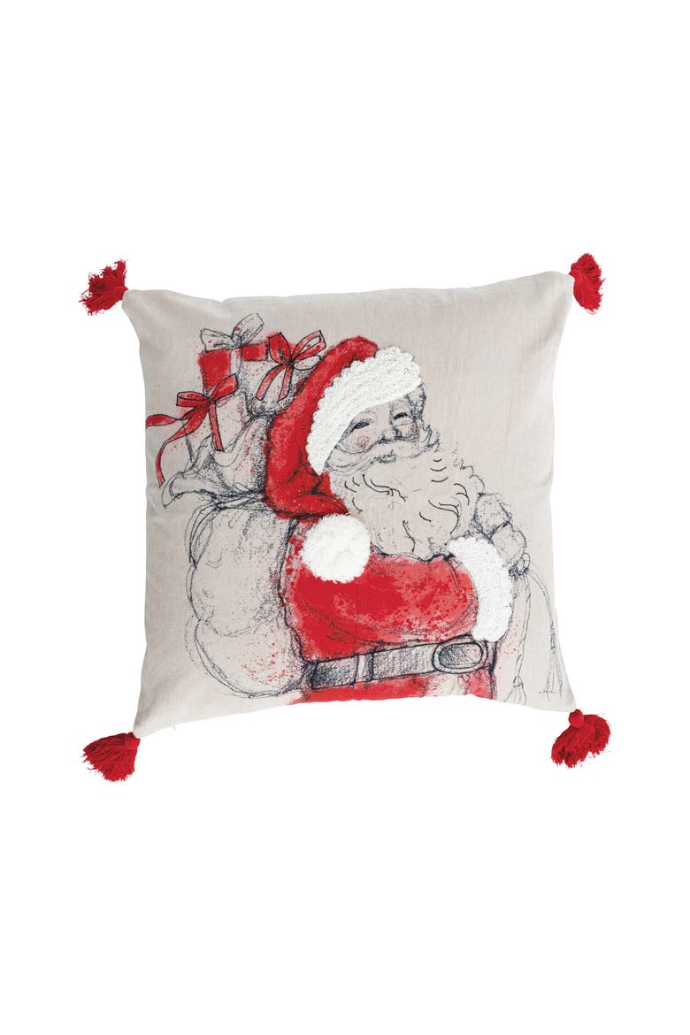 Square Cotton Chambray Printed Pillow with Embroidered Santa Image, Tufting, Pom Poms and Tassels, Multicolor, Main, color, White