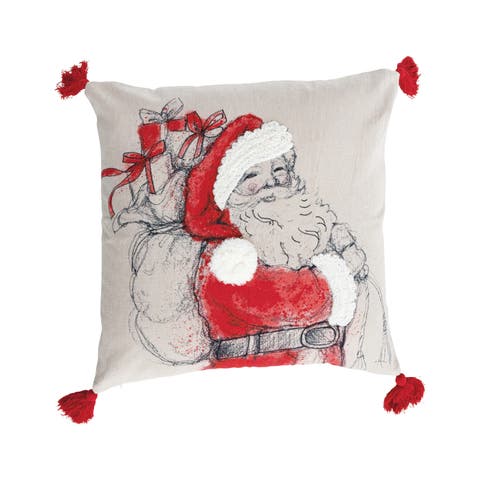 Square Cotton Chambray Printed Pillow with Embroidered Santa Image, Tufting, Pom Poms and Tassels, Multicolor