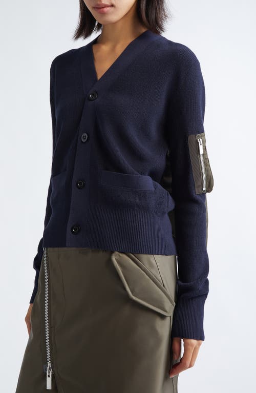 Sacai Mixed Media Nylon Twill & Knit Cardigan In Blue