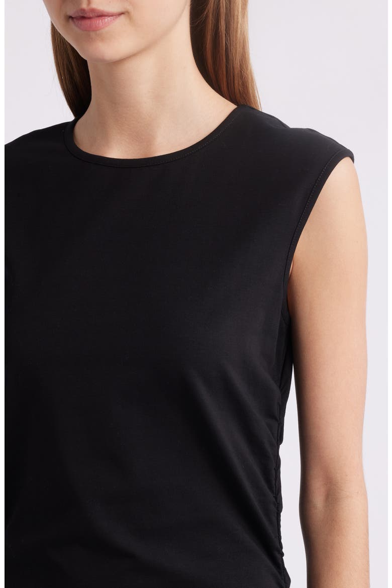 Ruched Sleeveless Stretch Cotton Midi Dress, Alternate, color, BLACK