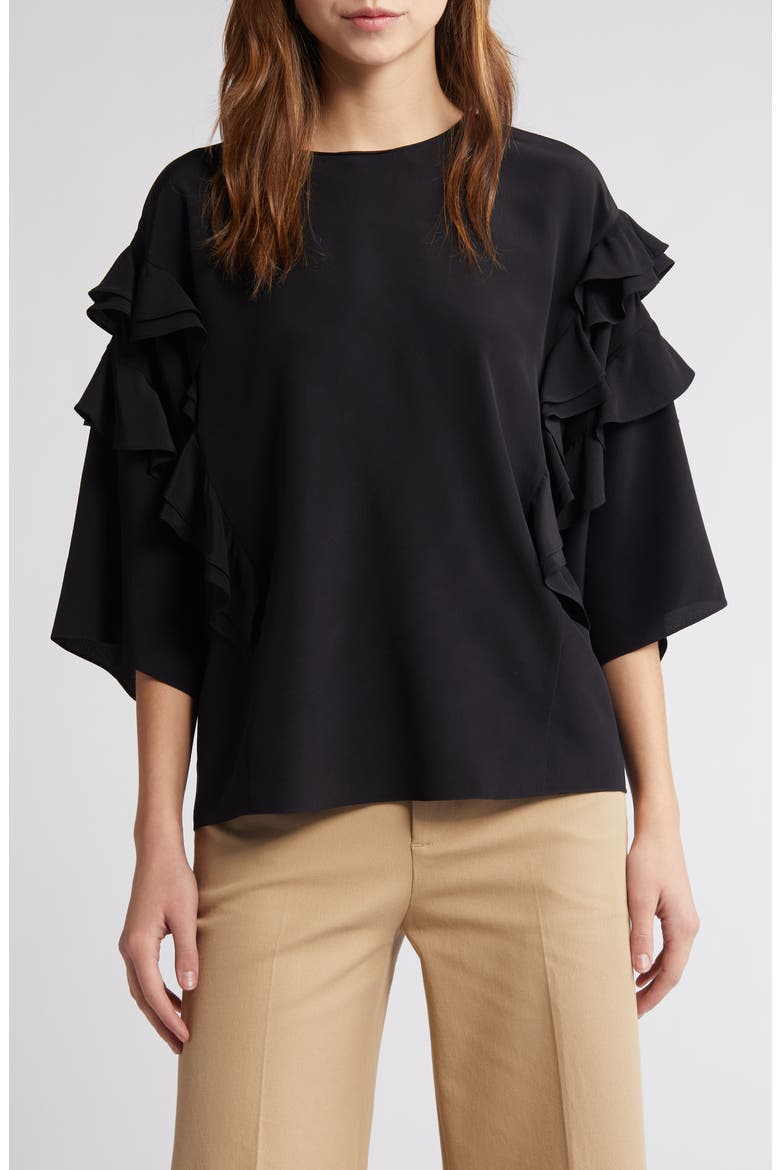 Ruffle Sleeve Silk Top, Main, color, BLACK