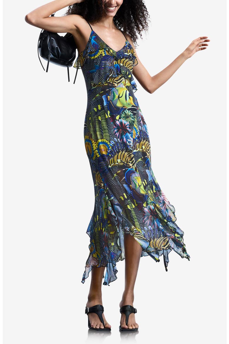 Print Ruffle Sleeveless Midi Dress, Main, color, BLACK