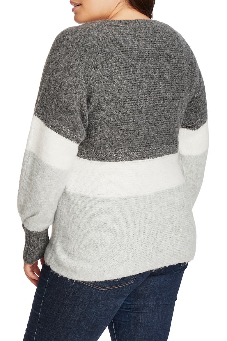 Stripe V-Neck Tunic Sweater, Alternate, color, MEDIUM HEATHER GREY