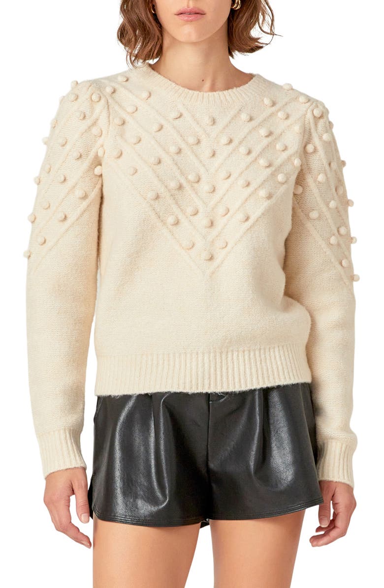 English Factory Pompom Accent Crewneck Sweater, Main, color, Ivory