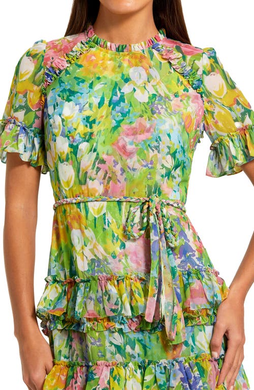 Mac Duggal Floral Printed Chiffon Tiered Ruffle Gown In Green Multi