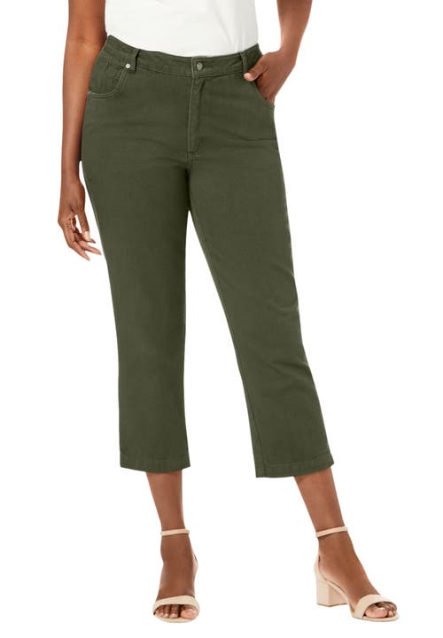 Jessica London Classic Cotton Denim Capri In Green