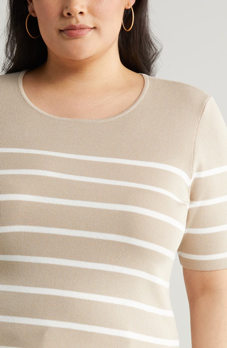 Tahari ASL Stripe Short Sleeve Sweater, Alternate, color, Sand Ivory