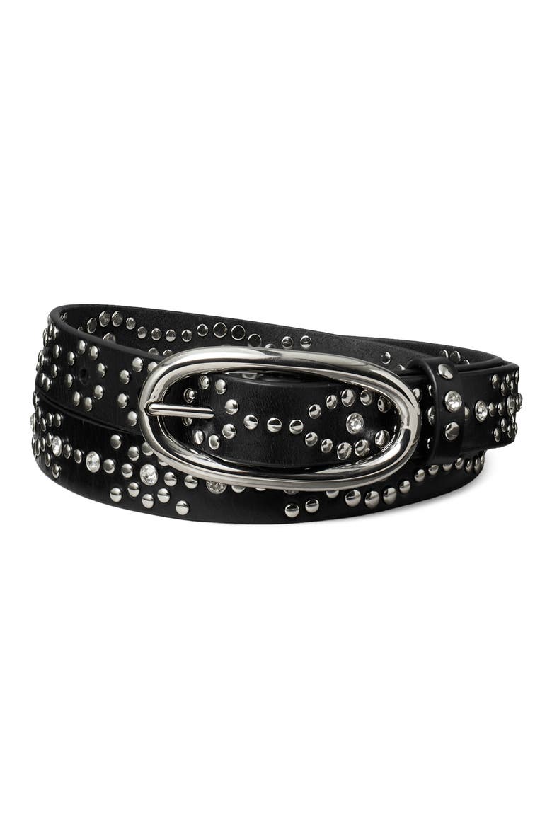 Pierced Studded Leather Buckle Belt, Main, color, BLACK