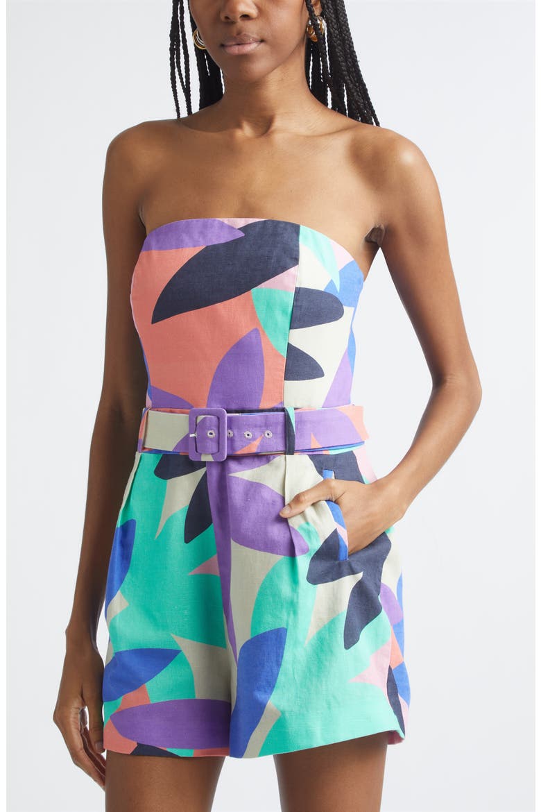 Isobel Linen Blend Strapless Romper, Alternate, color, PALM LINEN