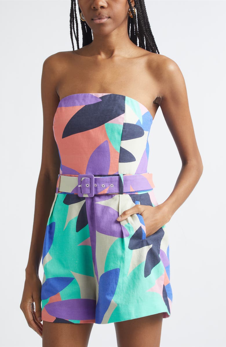 Ramy Brook Isobel Linen Blend Strapless Romper, Alternate, color, Palm Linen