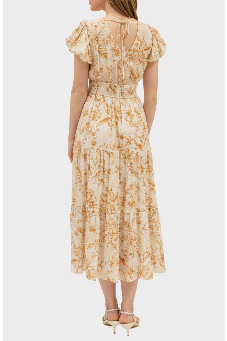 Floral Puff Sleeve Tiered Midi Dress, Alternate, color, CAMEL MULTI