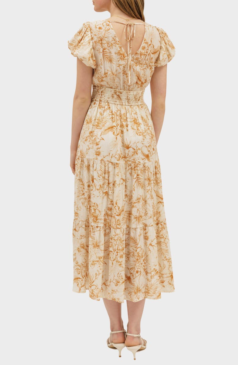 AUGUST SKY Floral Puff Sleeve Tiered Midi Dress, Alternate, color, Camel Multi
