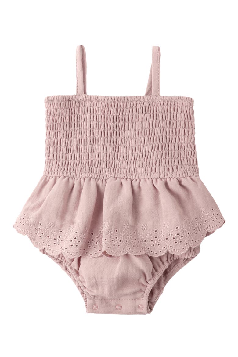 Eyelet Smocked Organic Cotton Skirted Bodysuit, Alternate, color, MAUVE