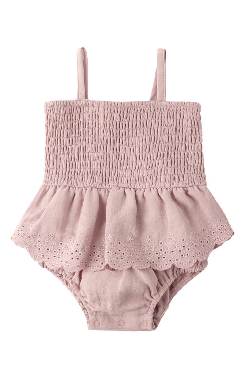 QUINCY MAE Eyelet Smocked Organic Cotton Skirted Bodysuit, Alternate, color, Mauve