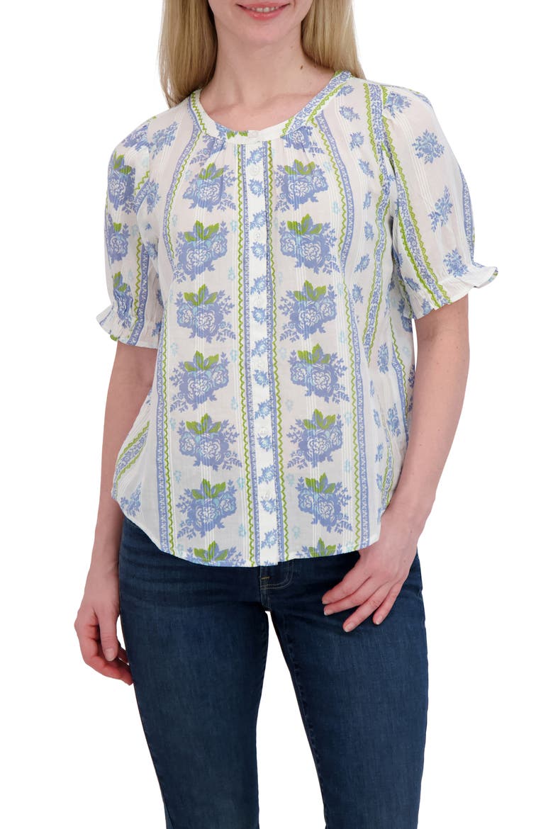 Floral Puff Sleeve Button-Up Shirt, Main, color, BLUE COMBO