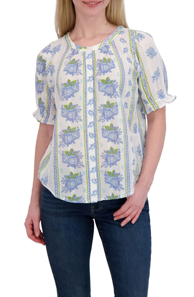Lucky Brand Floral Puff Sleeve Button-Up Shirt, Main, color, Blue Combo