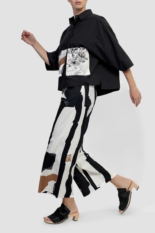 Alembika Boxy Button-up Shirt With Contrast Printed Pockets In Black/white