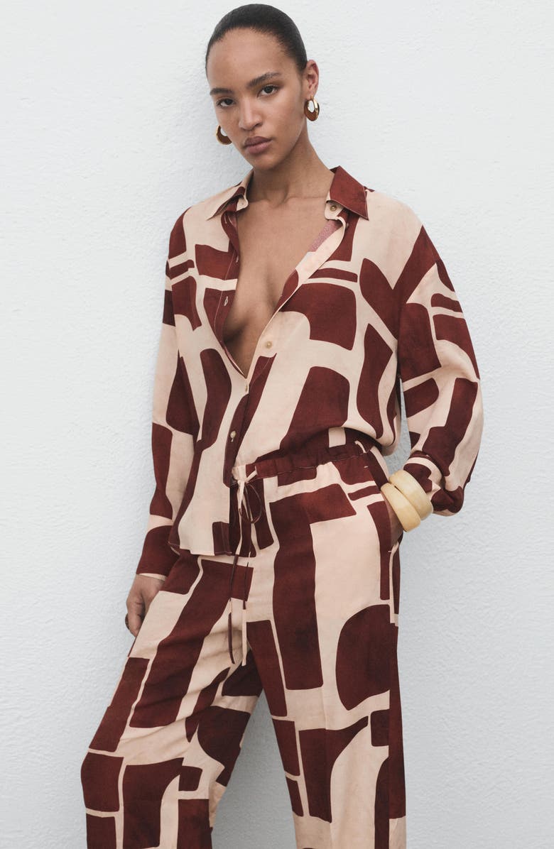 MANGO Geometric Print Wide Leg Drawstring Pants, Alternate, color, Ecru