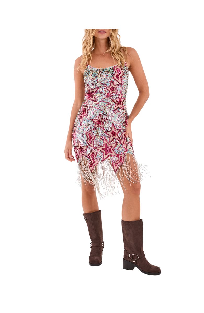 NASTY GAL Star Embellished Tassel Hem Mini Dress, Alternate, color, Turquoise