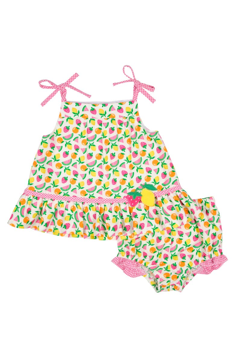 Printed Seersucker Dress & Bloomer with Fruit, Main, color, White/Multi