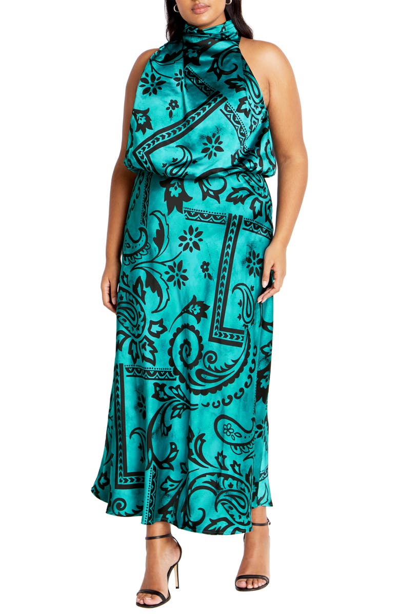 City Chic Elaine Print Sleeveless Maxi Dress, Main, color, Turquoise/ Black Paisley