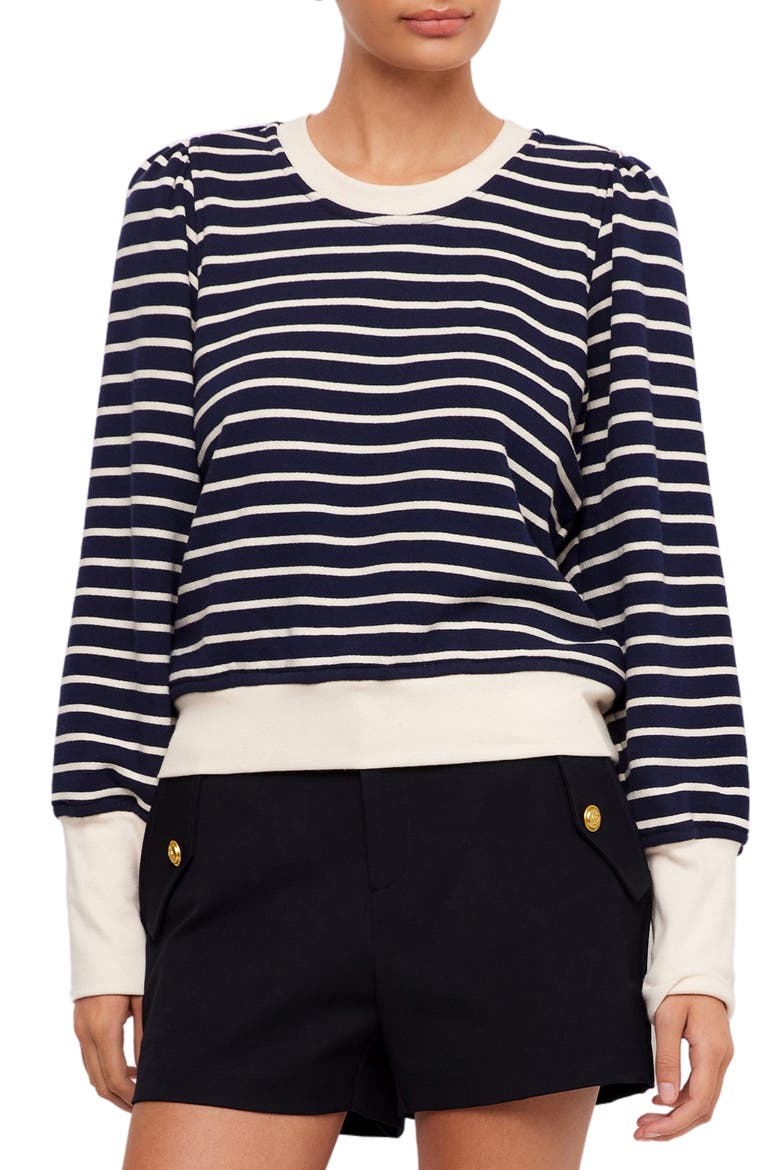 Striped Contrast Bishop Sleeve Cotton Top, Main, color, NAVY W/ OFF WHITE