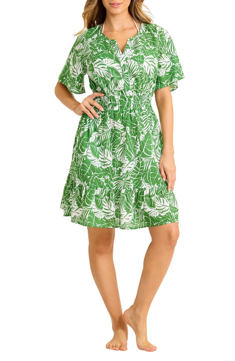 Tommy Bahama Costa Verde Smocked Waist UPF 50+ Cover-Up Sundress, Main, color, Four Leaf Clover
